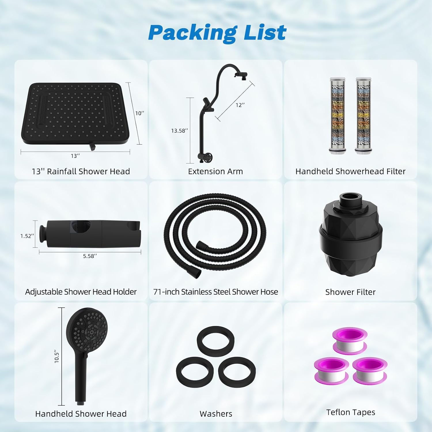 Hibbent Upgraded 13'' Shower Head Combo, High Pressure 5 Spray Rainfall Showerhead, 10 Spray Mode Handheld, All Metal Easy Reach 4-way Diverter Shower Arm with Pause Mode, 71'' Hose and Holder, Black