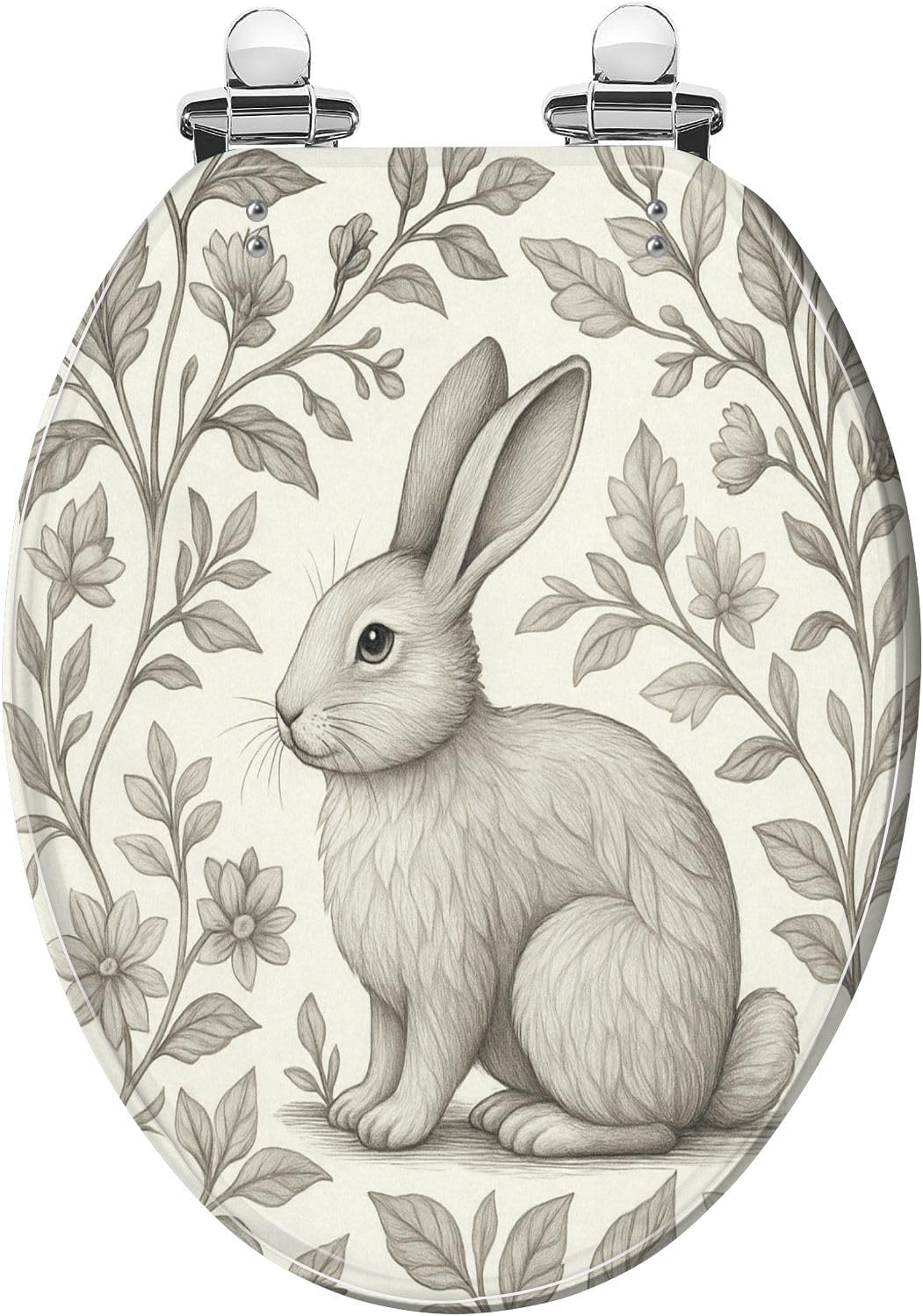 Elongated Toilet Seat Cute Rabbit Decorative Gray Grass Leaves Rabbit Flowers Botanical Hand Resin Toilet Seat Quietly Close Quick Release Hinges with Cover Bumpers Decorative Easy to Install Clean