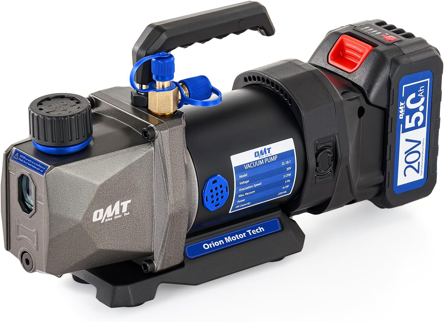 Orion Motor Tech Cordless Lithium-Ion HVAC Vacuum Pump, 3 cfm Vacuum Pump, Battery-Powered Auto AC Vacuum Pump for R134a R410a R1234yf Systems, 1/4hp Single Stage Vacuum Pump Automotive