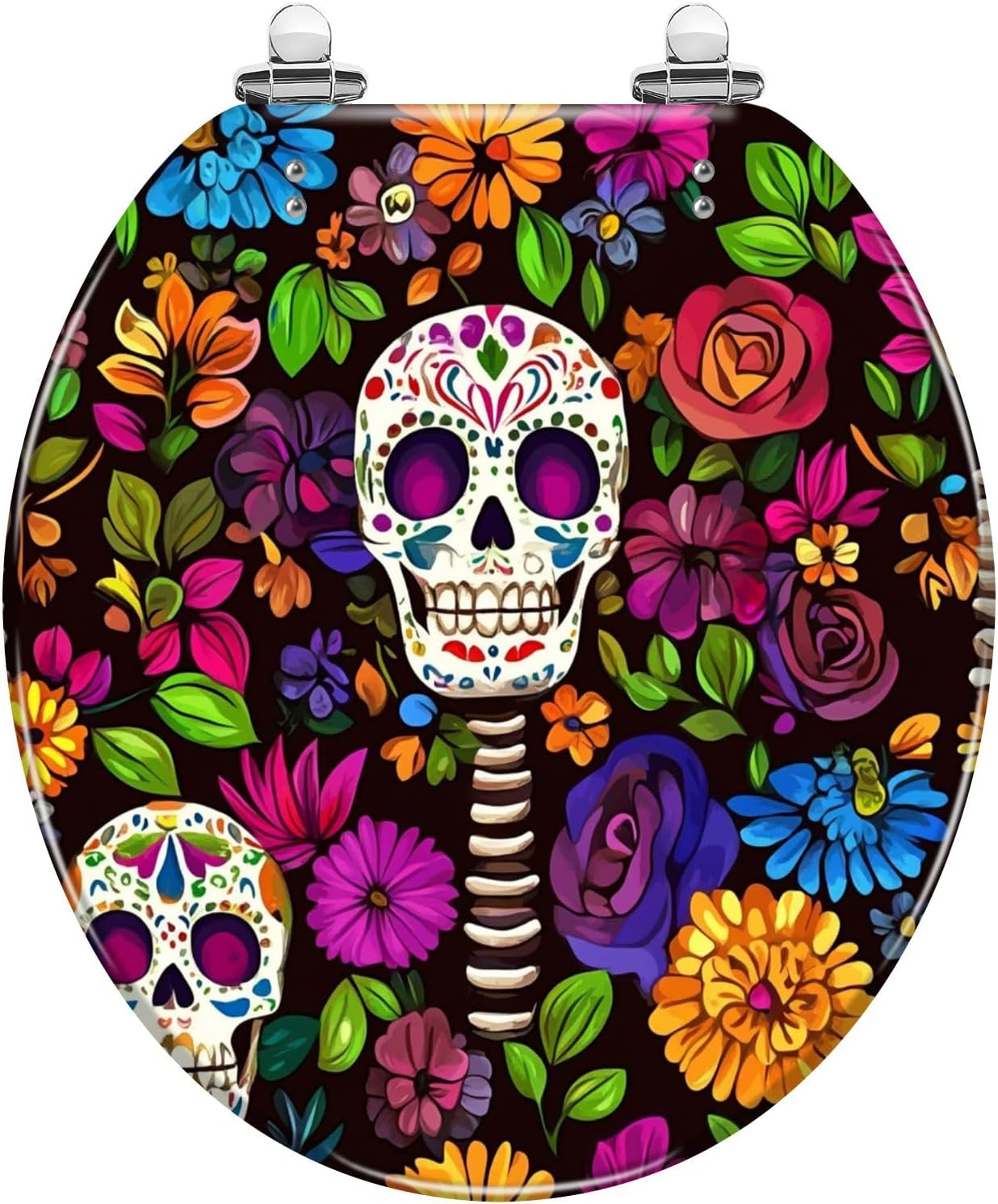 Round Toilet Seat Sugar Skull Floral Naif Art Mexican Calaveras Seamless Pattern Resin Toilet Seat Slow Quiet Close with Quick-Release Hinges Toilet Seat with Cover Easy to Clean Install