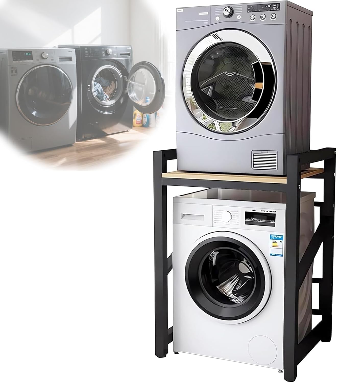 Washer Dryer Stacking Rack, 25.59in Wide Over Washer and Dryer Shelves Kit for Laundry Room, Washer Dryer Stacking Rack Stand for Bathrooms, Balconies, 1.2mm Wall Thickness, 660 lbs Capacity