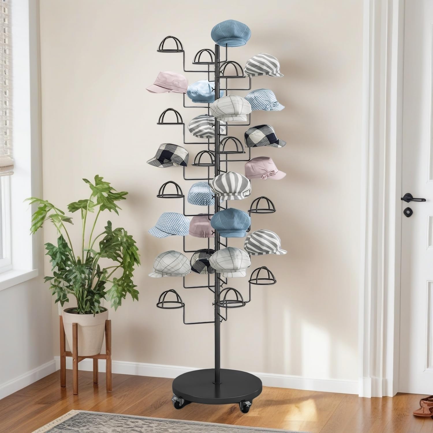 Metal Hats Display Rack with 30 Adjustable Hooks Floor Hat Rack Stand Hat Rack Display for Home Retail Store Hat Organizer Rack for Wig Cap(Black)
