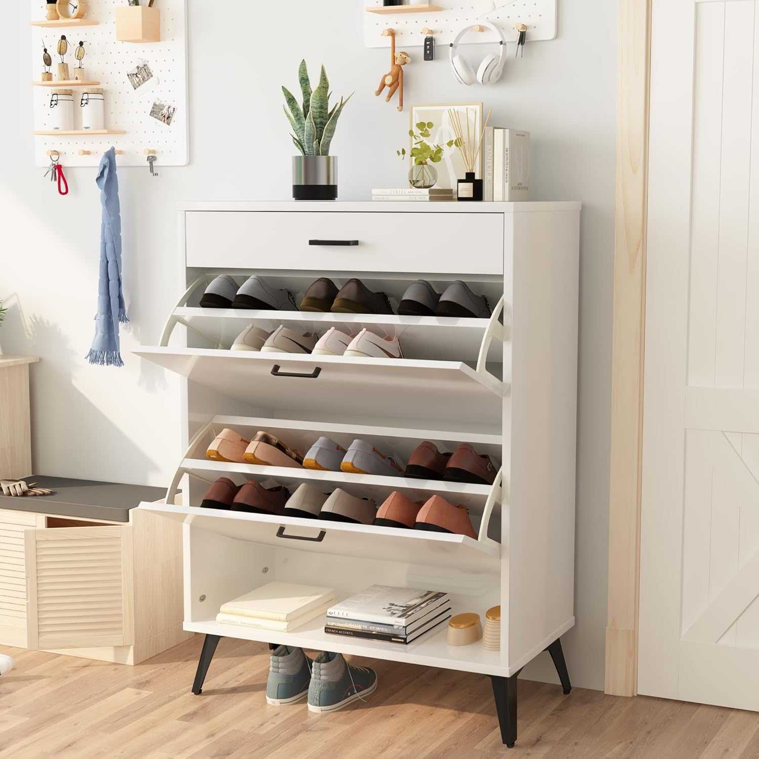 AWQM Shoe Cabinet, Wooden Freestanding Shoes Storage Cabinet with 2 Hidden FILP Drawers & Drawer Chest, Modern Narrow Shoe Organizer Cabinet for Entryway, Living Room, Hallway - White