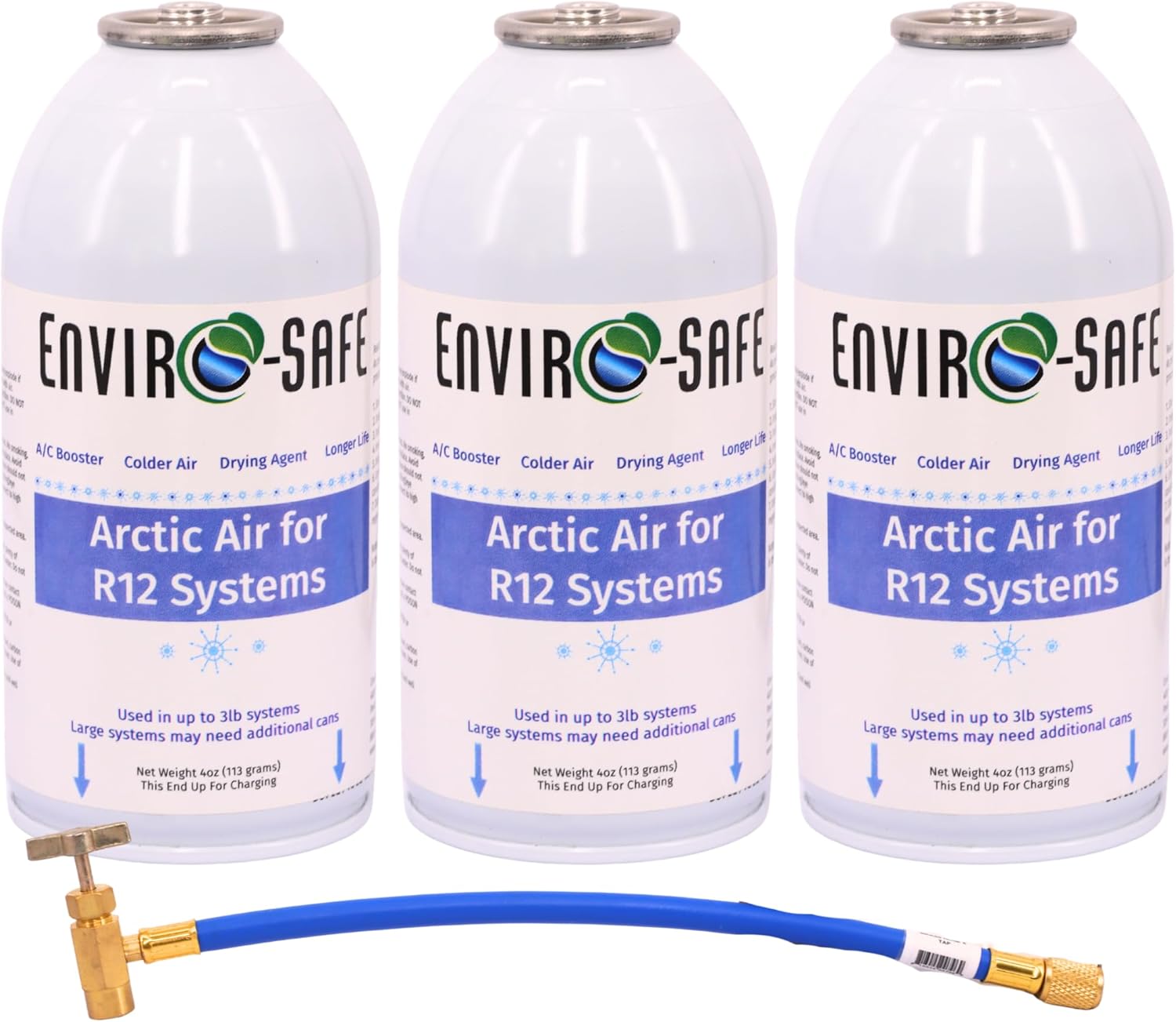 ENVIRO-SAFE Arctic Air for 12 Systems, Piercing Style Top, A/C Support + Moisture Remover, 3 Cans (Include Charging Hose)