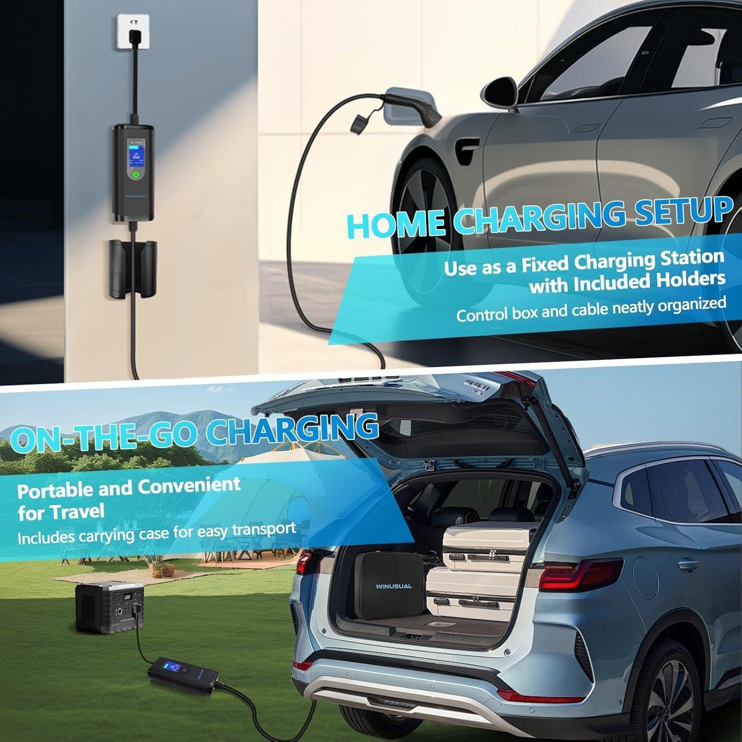 Portable Level 1 & 2 EV Charger,16A 110-240V with Fix Time Charge, 20FT Cable, NEMA 6-20 Plug and NEMA 5-15 Adapter, SAE J1772 EV Electric car Charger, Current Adjustable(NOT for Tesla)