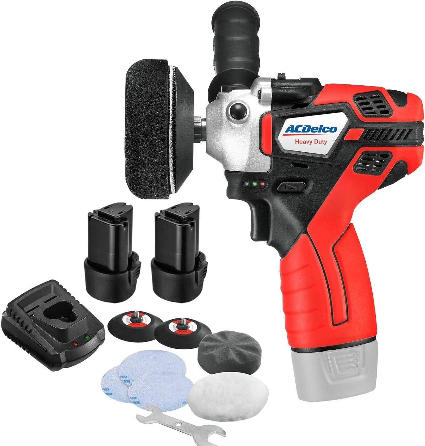ACDelco Mini Cordless Polisher Tool Set 2 Speed 12V 3” Pad, Set with 2 Li-ion Batteries, Charger, and Accessory Kit, G12 Series ARS1214,Red