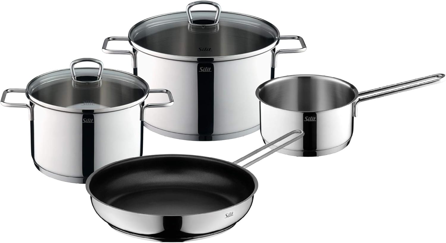 Silit 2109304630 Alicante Kochtopfset Induktion 4-teilig Set with Glass lid, Induction pots, Polished Stainless Steel, uncoated, Oven-Safe, 18/10 rustproof