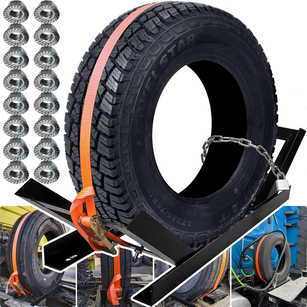Semi Truck Spare Tire Rack Tractor Trailer Steel Mount Holder Commercial Truck Tire Storage Rack Adjustable Tire and Rim Carrier Holder Bed Rack Behind Cab