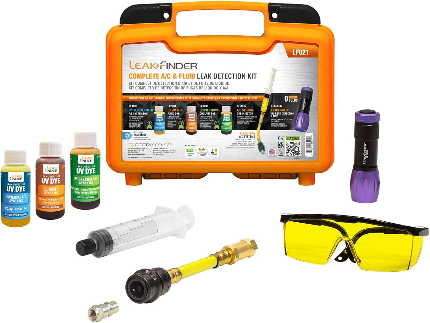 LF021 Auto Fluids & Air Conditioning Refrigerant Leak Detection Kit - 1oz of A/C, Oil-Based Leak Detector Dye, Injector Syringe, UV Light, R134A Hose Coupler, Made in USA
