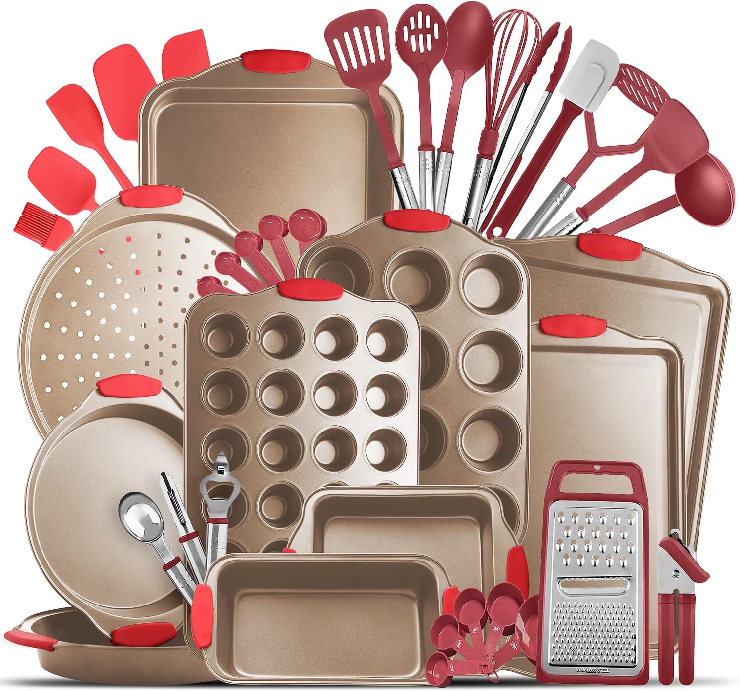 Eatex Nonstick Bakeware Sets with Baking Pans Set, 39 Piece Baking Set with Muffin Pan, Cake Pan & Cookie Sheets for Baking Nonstick Set, Steel Baking Sheets for Oven with Kitchen Utensils Set - Brown
