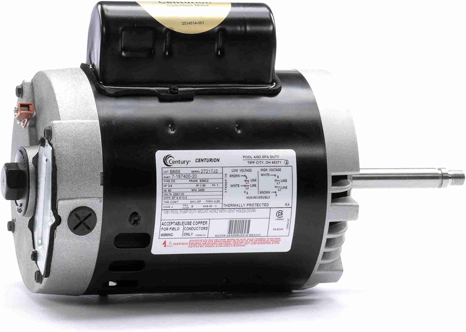 AO Smith/Century Electric Pool Cleaner Replacement (Letro), PSC, No Base, Fits Pump #LA01N (March 1997 to Present), 0.75HP, 3450RPM, 230/115V, 6.5/13.0 AMPS, 1.5SERVICE Factor, Round Flange