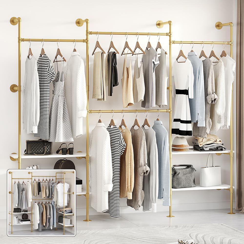 Industrial Pipe Clothes Rack,Wall Mounted Closet Wardrobe Rack, Corner L Shaped Walk-in Closet System, 2 Installation Methods (Gold, 80