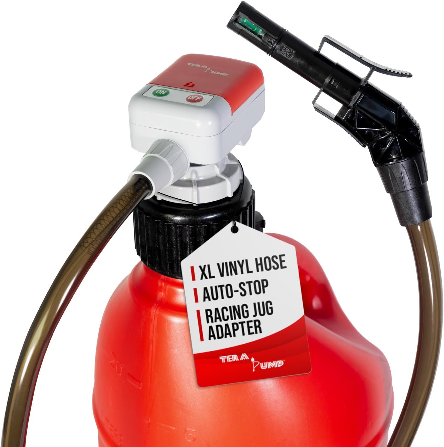 TERA PUMP - Next Gen Auto Stop Fuel Pump - 3x Protection w/Power Switch Nozzle, 4.25-ft XL Vinyl Hose, Flexible Intake Hose, Built-In Adapter (+ Utility Jug Adapter), for Gasoline, Diesel (2.3 GPM)