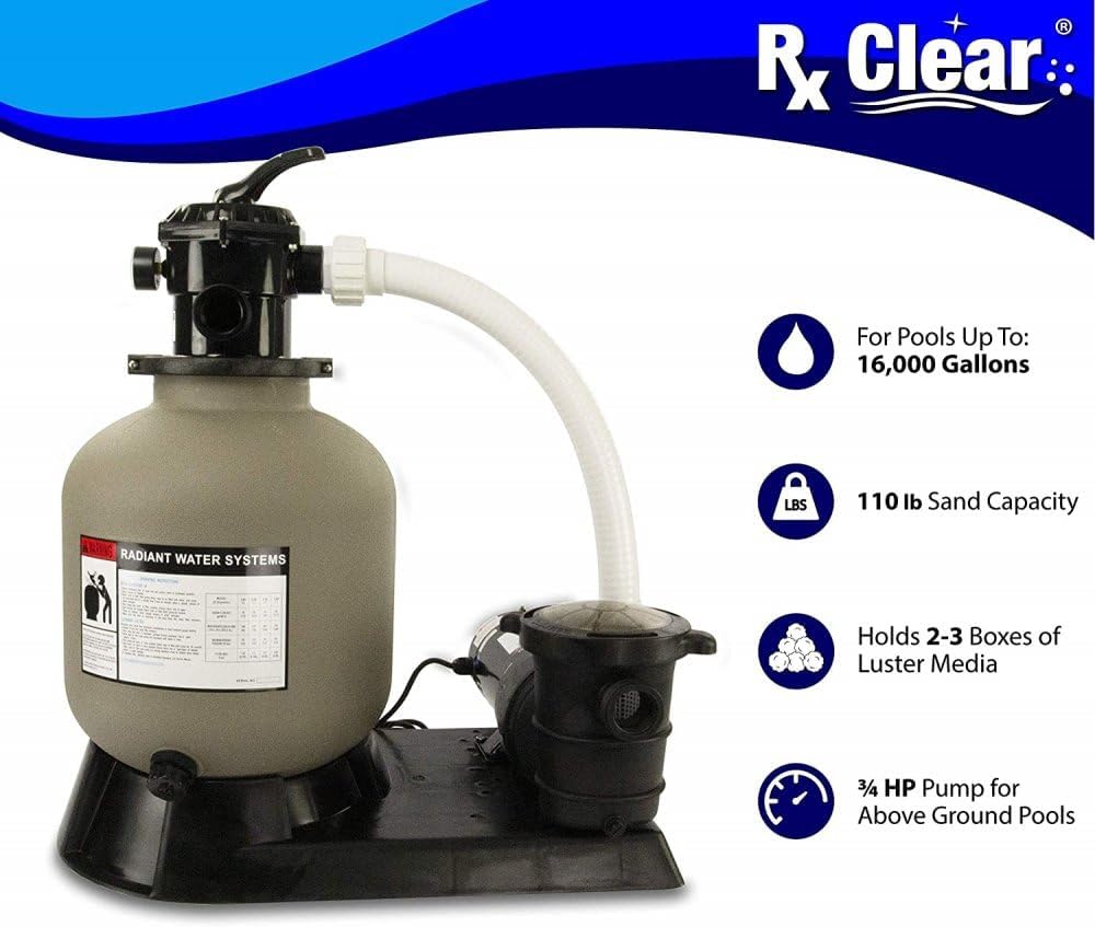 Rx Clear Radiant 22 Inch Above Ground Swimming Pool Sand Filter System | Includes 1.5 HP Pump, Multi-Port Valve, and Luster Media | 45 GPM Flow Rate for Swimming Pools up to 26,000 Gallons