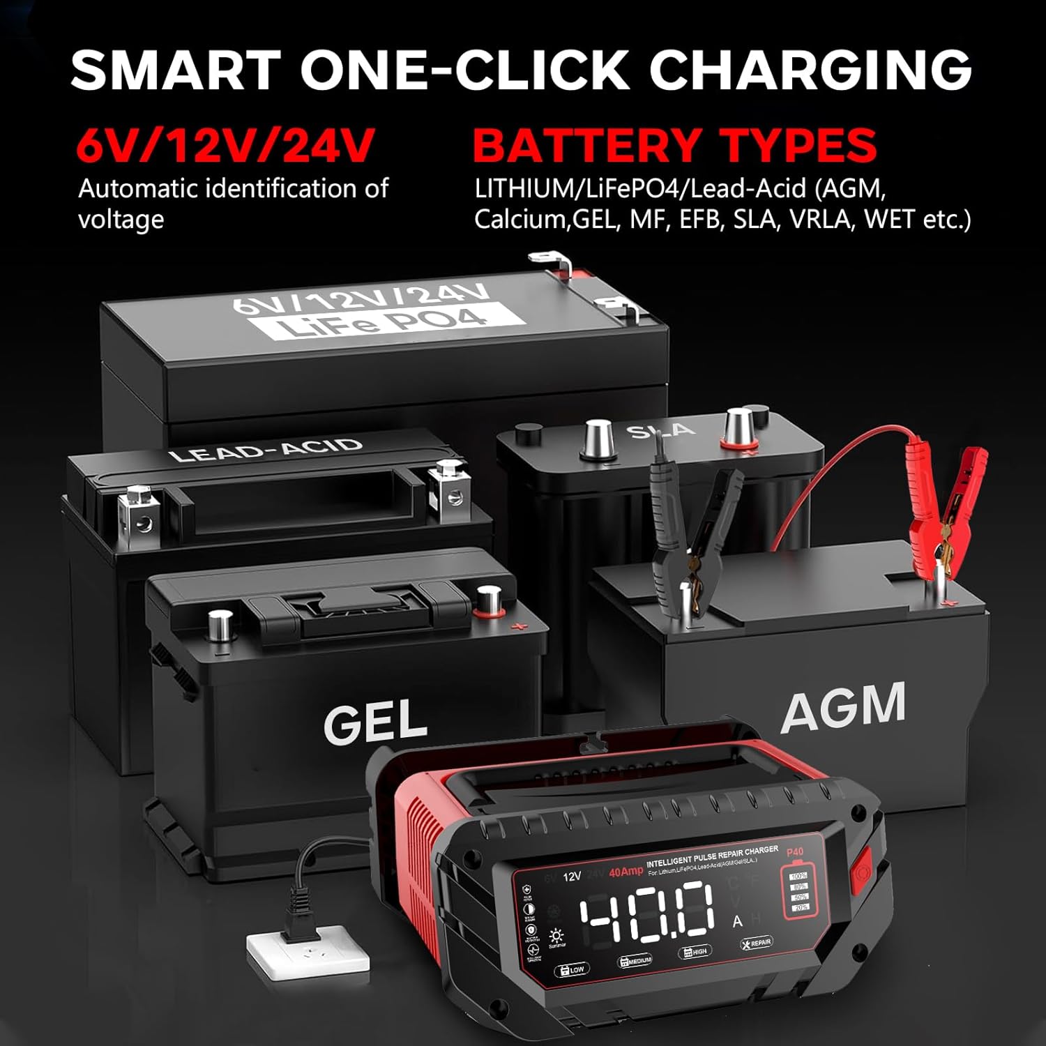 40Amp: 6/12/24V Smart Battery Charger – Automatic Maintainer, Trickle Charger & Desulfator with Overcharge Protection & Temperature Compensation – for Lead-Acid & Lithium & LiFePO4 Batteries