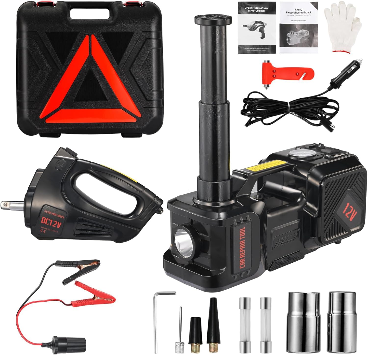 Electric Car Jack kit 5 Ton 12V Electric Floor Jack Lift for Vehicle, Electric Hydraulic Jack Auto Repair Tool Set with Built-in Inflator and Impact Wrench for SUV Sedan Truck Tire Change
