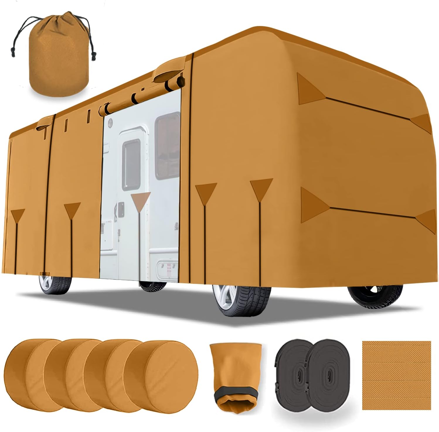 22-24ft Travel Trailer Camper RV Cover Package Premium Heavy-Duty Waterproof Anti-UV Breathable Fabric Including Jack Cover 4 Tire Covers and 2 Secure Straps