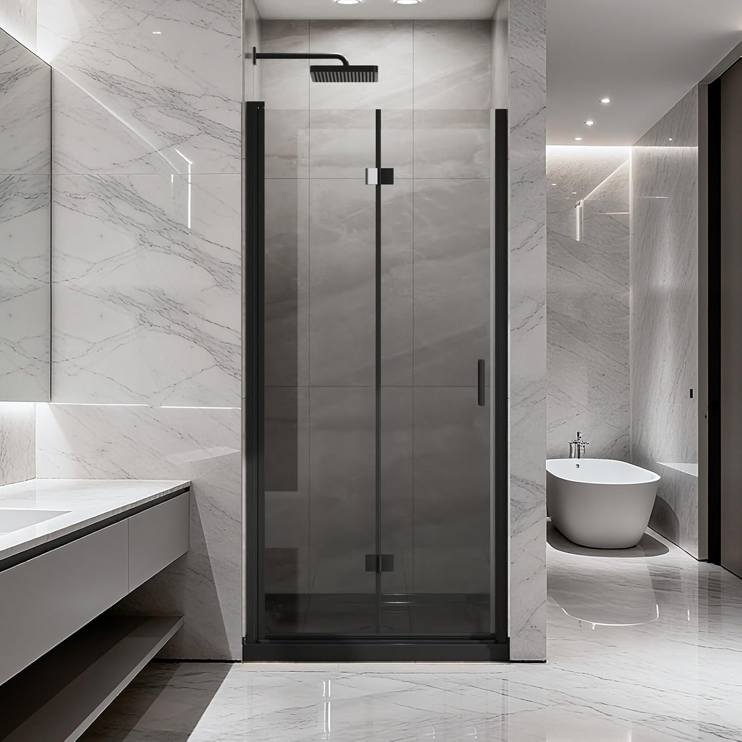 34x72 Inch Frameless Folding Glass Shower Door - 1/4 Inch Tempered Glass Folding Shower Panel with Black Border (Black-5, 34 * 72