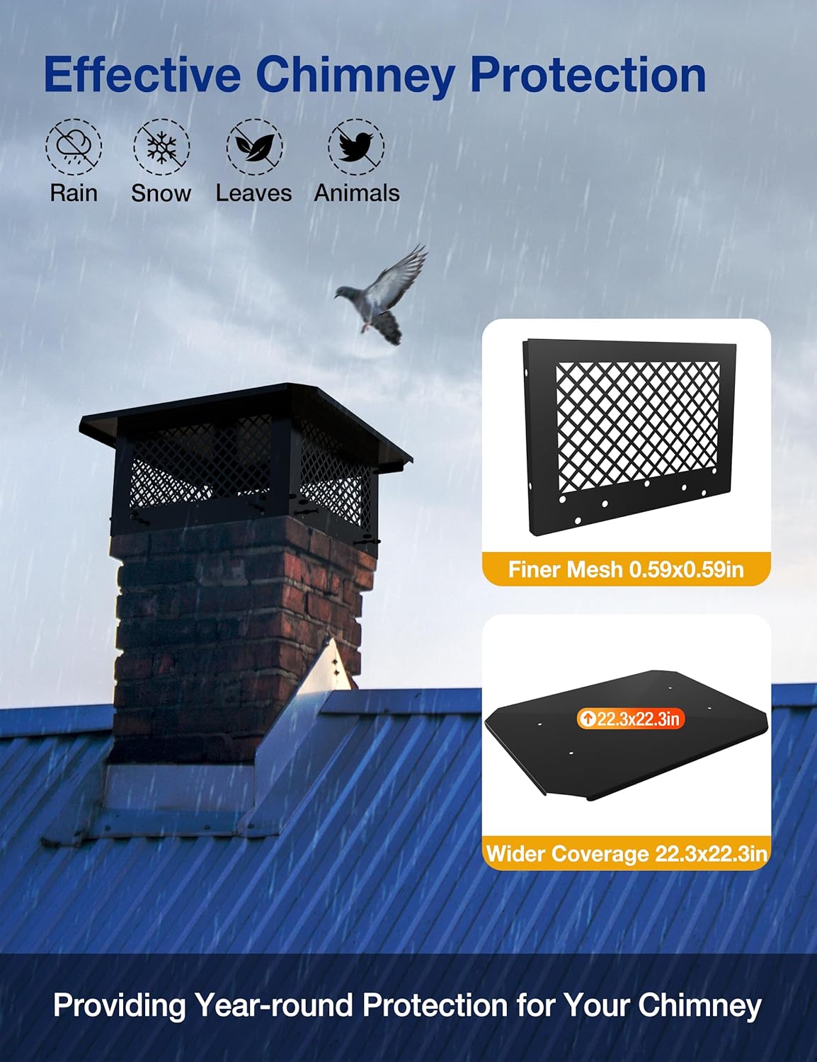 Chimney Cap 17x17 Cover Square: All Weather Chimney Caps for Outside Black Galvanized Steel - Easy Assembly Adjustable Top and Side Mount Roof Rain Cap for Single Flue & Outdoor Fireplace