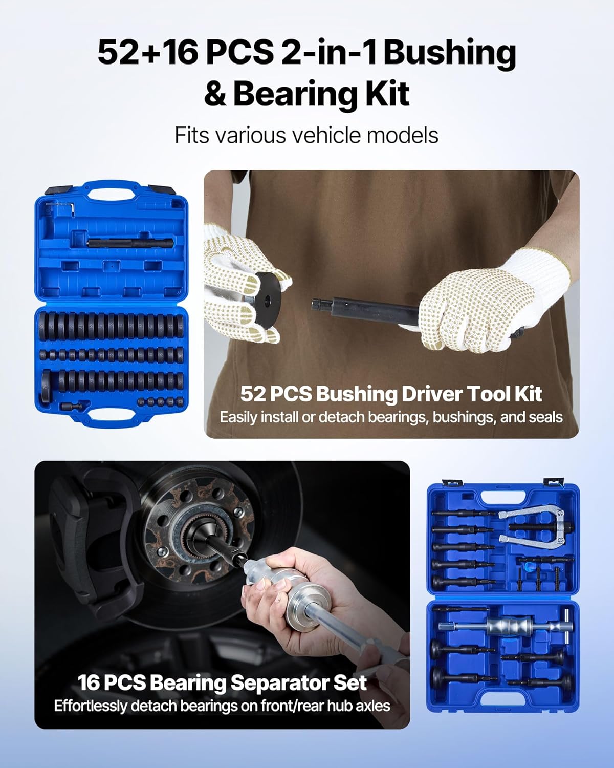 VEVOR 52pcs Custom Bushing Bearing And Seal Driver Set & 16pcs Slide Hammer Puller Set, 2 in 1 Bushing Bearing Driver Press Kit, Heavy Duty Removal Puller Installation Set with 49 Bushings, 10 Collets