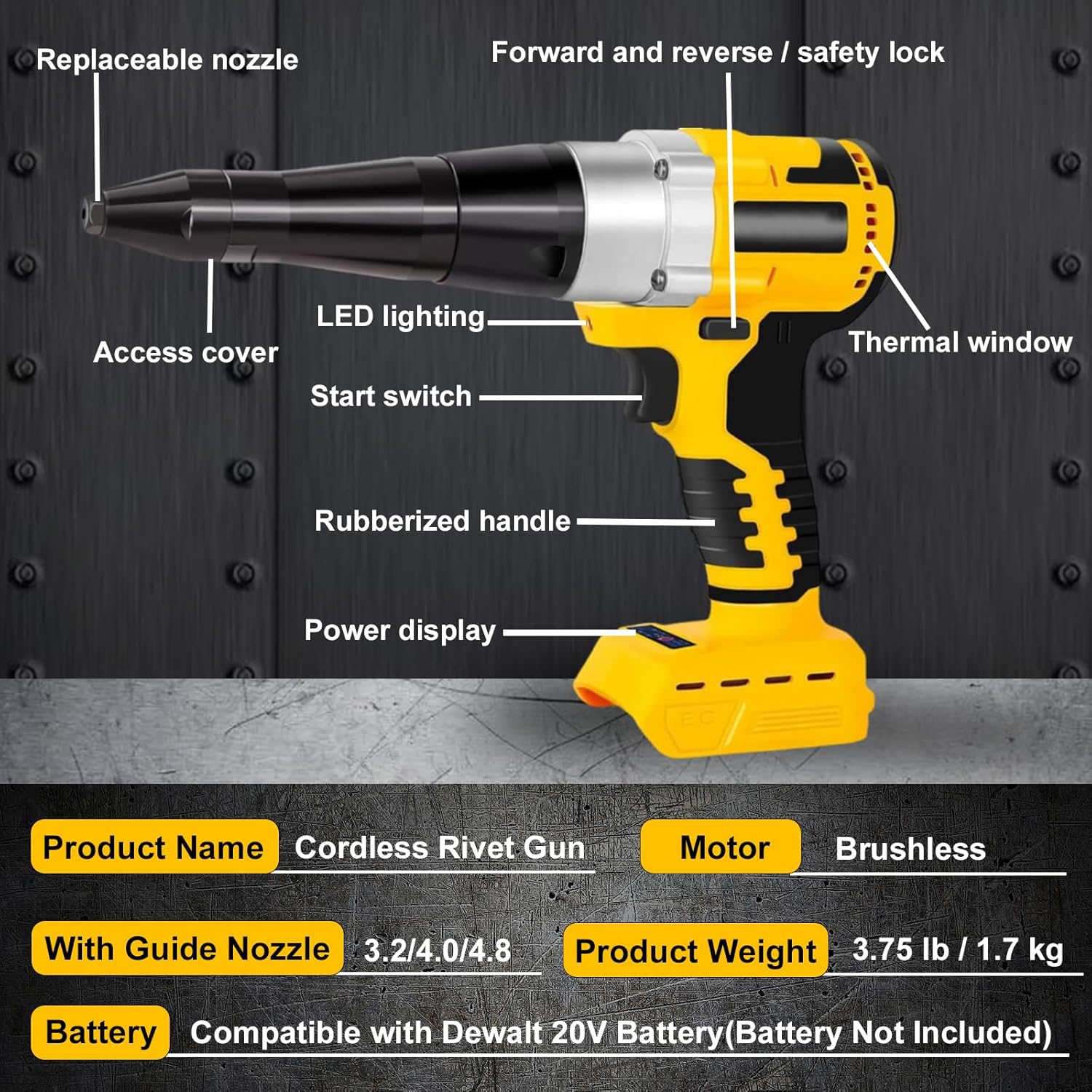 Cordless Rivet Gun Compatible with Dewalt 20V Battery, Electric Rivet Gun Kit, Brushless Blind Riveter Tool Kit for 1/8