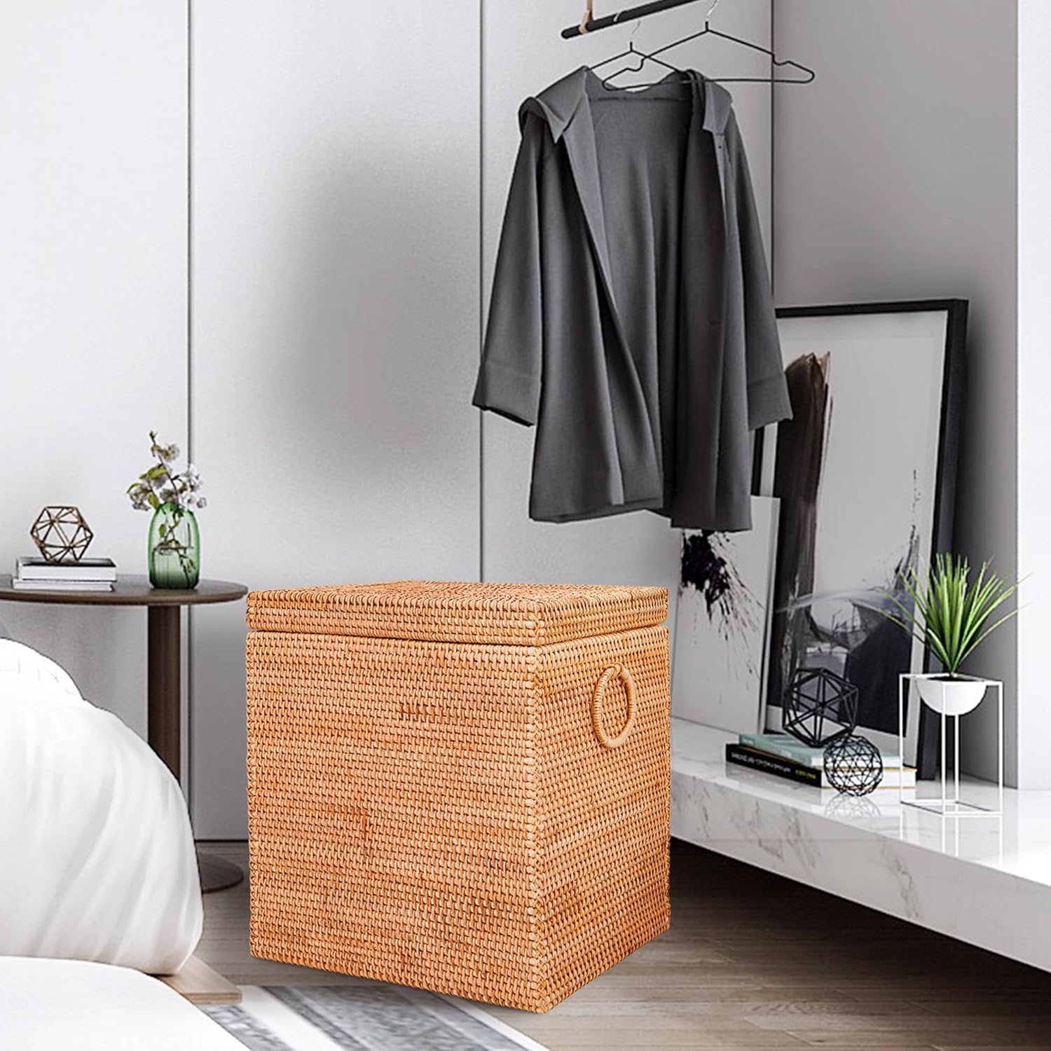 Rattan Laundry Hamper With Lid and Liner Bag, Woven Cloth Hamper With Handles (14.2
