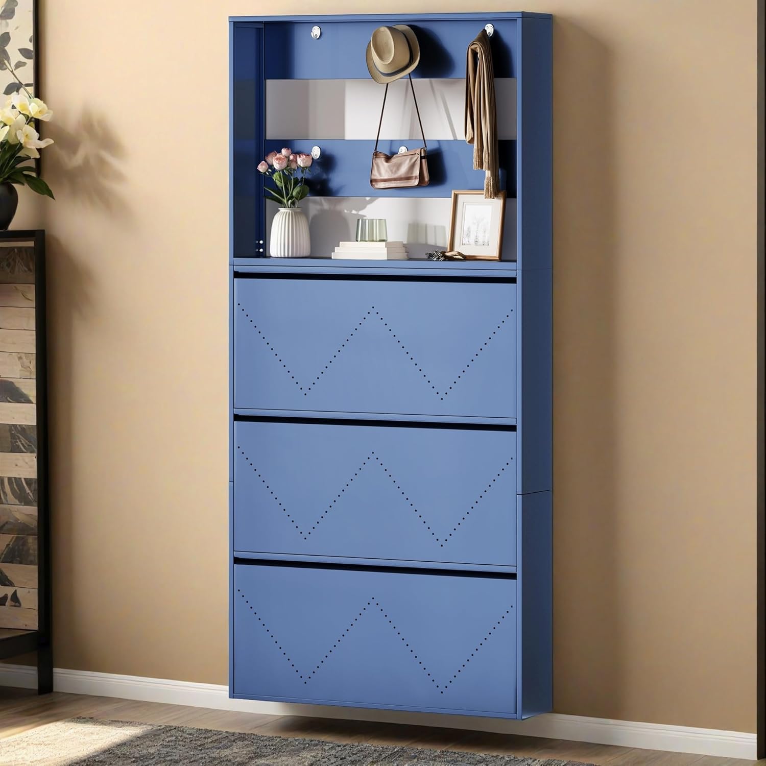 DWVO Metal Shoe Cabinet with Coat Rack, Wall Mounted Shoe Cabinet with 3 Flip Drawers, Entrance Hidden Slim Shoe Organizer Cabinet, Shoe Rack Storage Cabinet for Entryways, Hallways, White
