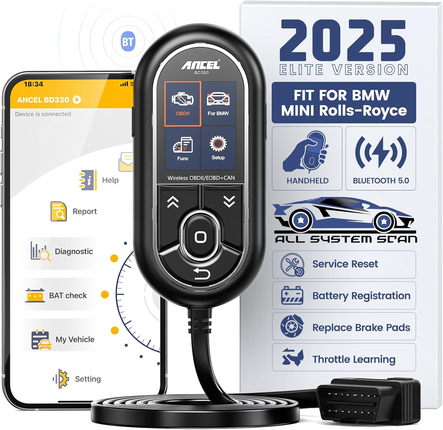 (Upgraded BD310 for BMW) ANCEL BD330 OBD2 Scanner Bluetooth,Full-System Diagnostic Tool with Battery Registration, EPB/Oil/Throttle Reset, 3-in-1 Bluetooth Wired HUD Code Reader for iOS & Android