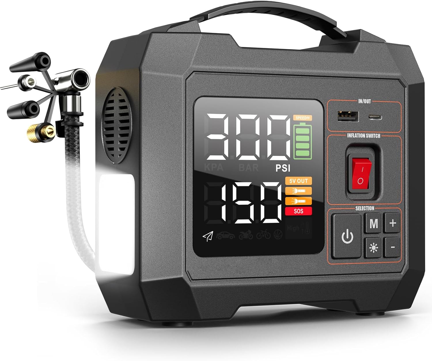 Portable Tire Inflator for Car 150PSI Cordless Air Compressor 50L/Min Fast Inflation with Auto Shutoff Battery Powered Air Pump with Digital Tire Pressure Gauge 3-300PSI for Bikes Motorcycles Balls