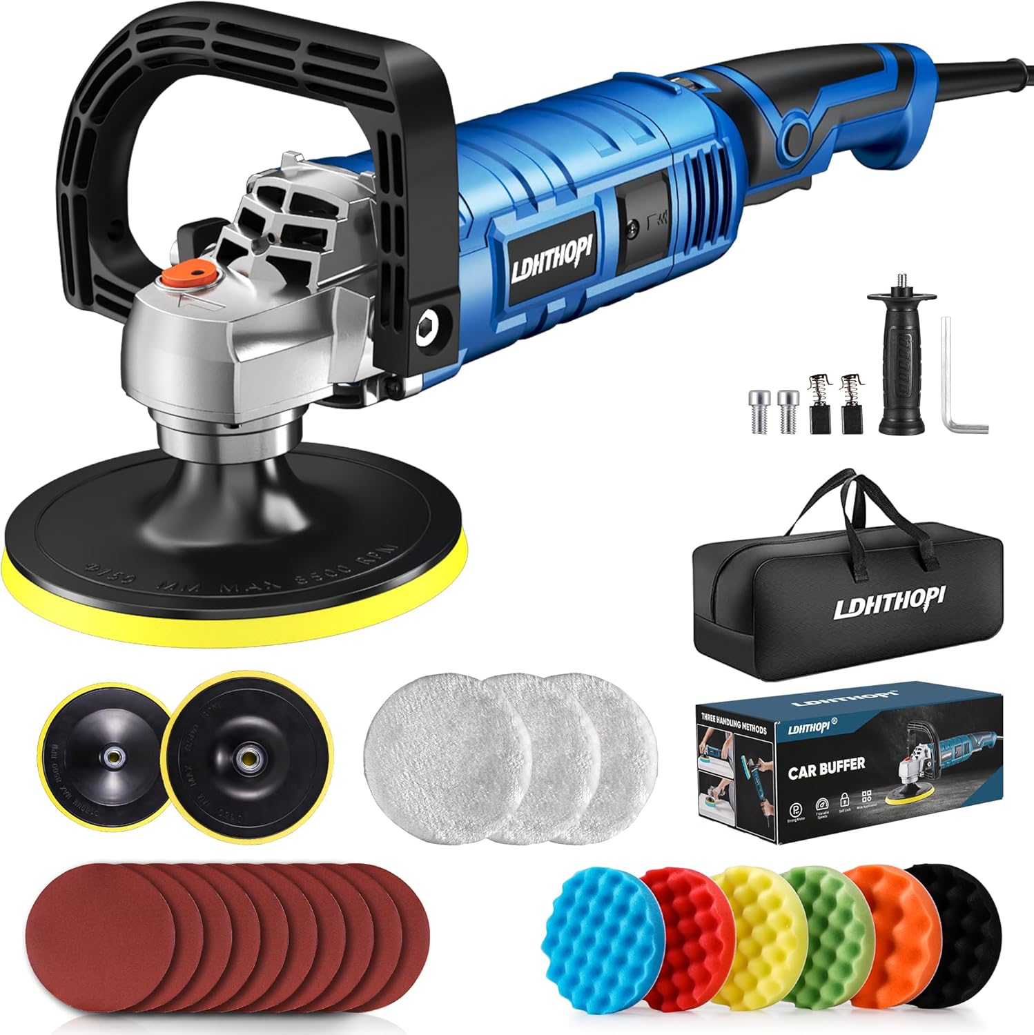LDHTHOPI 1600W Buffer Polisher, 6/7 inch Polishing Machine with 1000-3000 RPM 7 Adjustable Speeds / Detachable Handle Waxer , Car Polisher for Auto Detailing, Waxing, Paint Correction