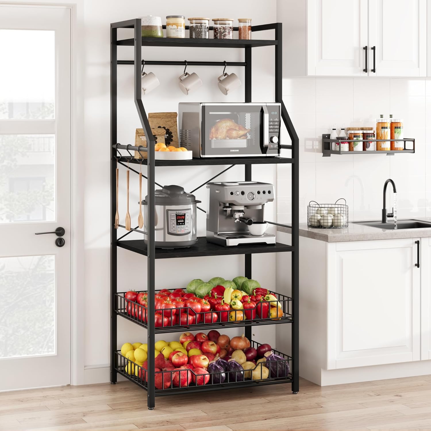 IDEALHOUSE Kitchen Bakers Rack, Microwave Oven Stand with 2 Large Wire Basket, Industrial Coffee Bar Station, 5-Tier Kitchen Utility Storage Shelf with 8 Hooks for Spice, Pots Organizer, Rustic Brown
