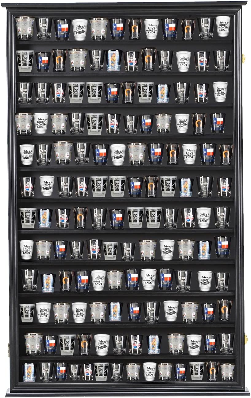 Shot Glass Storage Display Case Large Solid Wood Cabinet Rack Holder Wall Mounted Black Shadow Box Lockable with UV Protection Acrylic Glass Door, 41.3