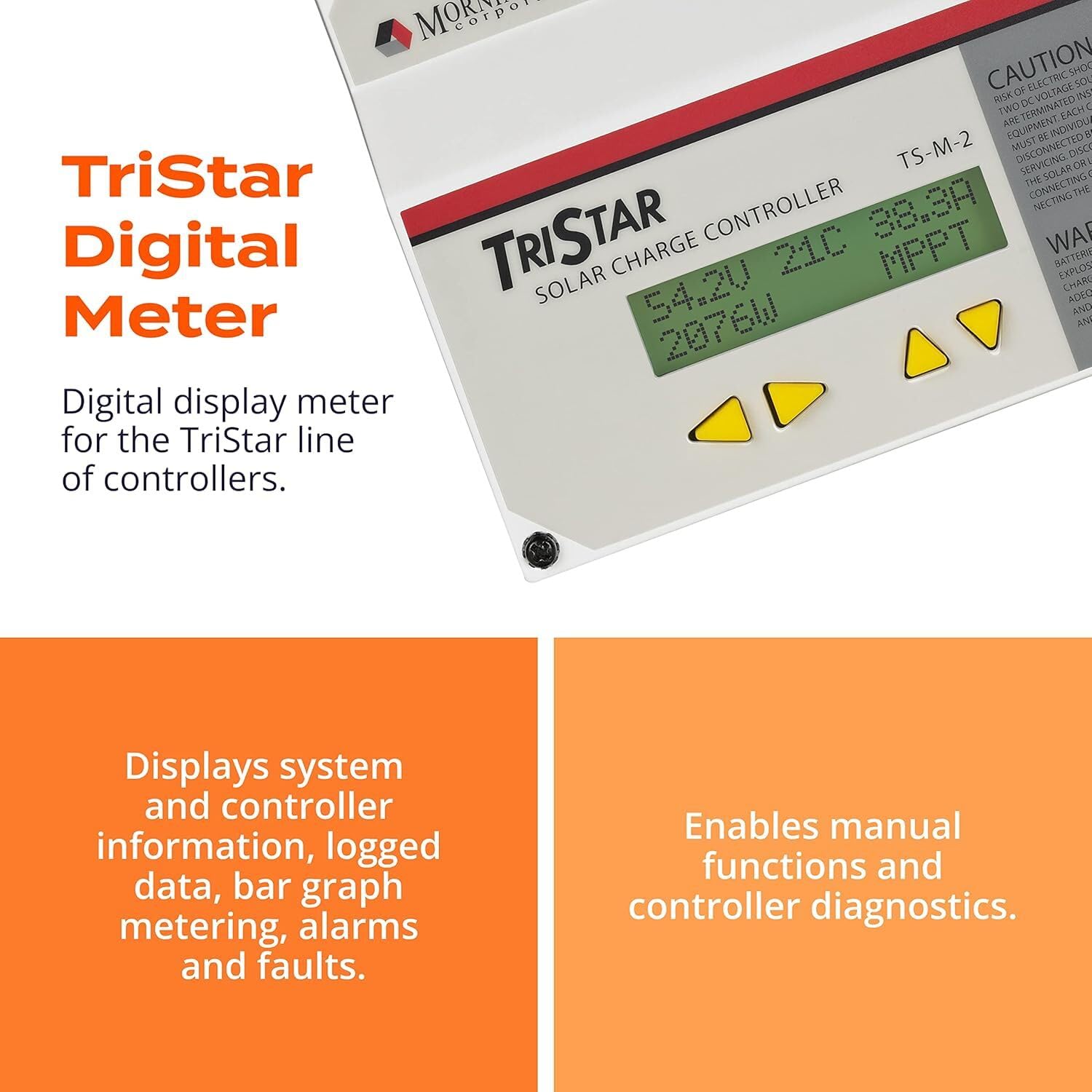 Morningstar Tristar Digital Meter-2 (TS-M-2) - for Tristar PWM and Tristar MPPT Solar Charge Controllers - Displays System Info, Logged Data, Bar Graphs, Alarms & Faults Troubleshooting - 5 Languages