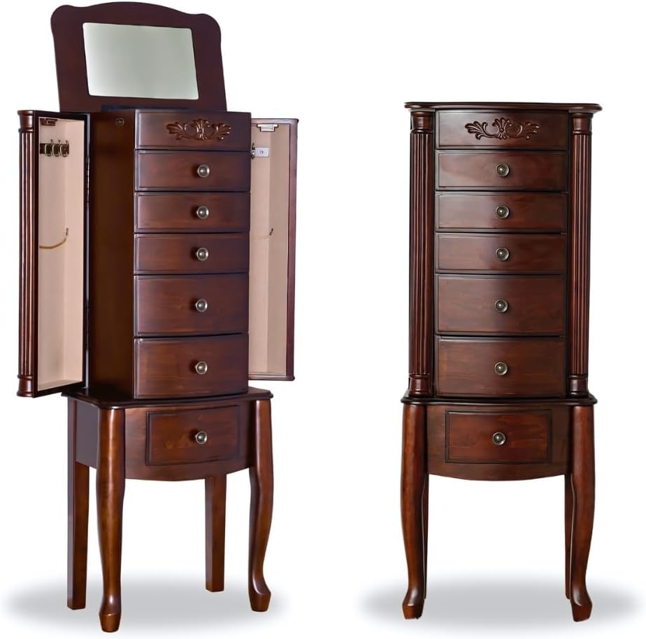 Hives and Honey Amber Jewelry Armoire – Standing Jewelry Organizer with Mirror, 6 Drawers, Side Doors with Necklace Hooks, Anti-Tarnish Felt Lining