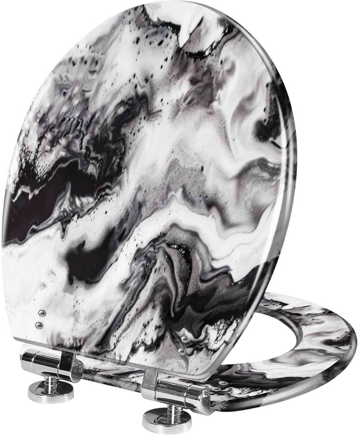 Elongated Toilet Seat Abstract marble black white fluid diagonal Resin Toilet Seat Quietly Close Quick Release Hinges Decorative Toilet Seat with Cover Easy to Install, Style 10