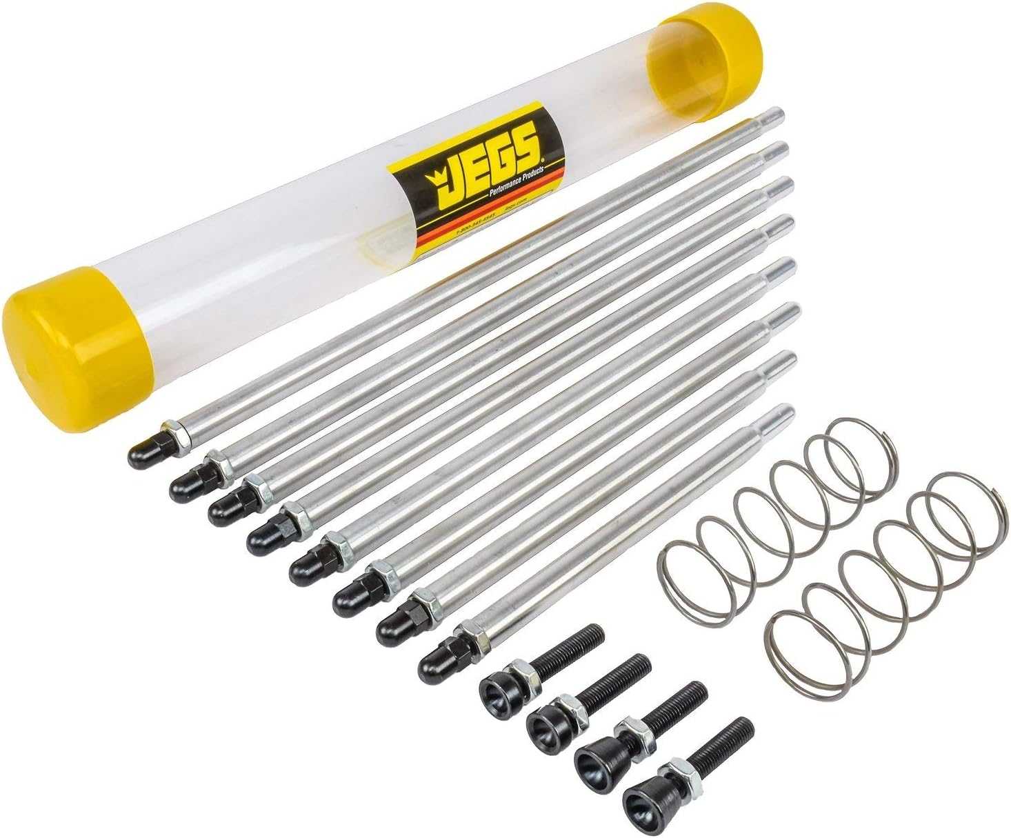 JEGS Master Pushrod Length Checker Kit | Measuring Range From 7” to 14.75” | Made In USA | Includes 8 Adjustable Pushrods, 4 Cup Tips, 2 Valve Checking Springs, And Storage Cylinder