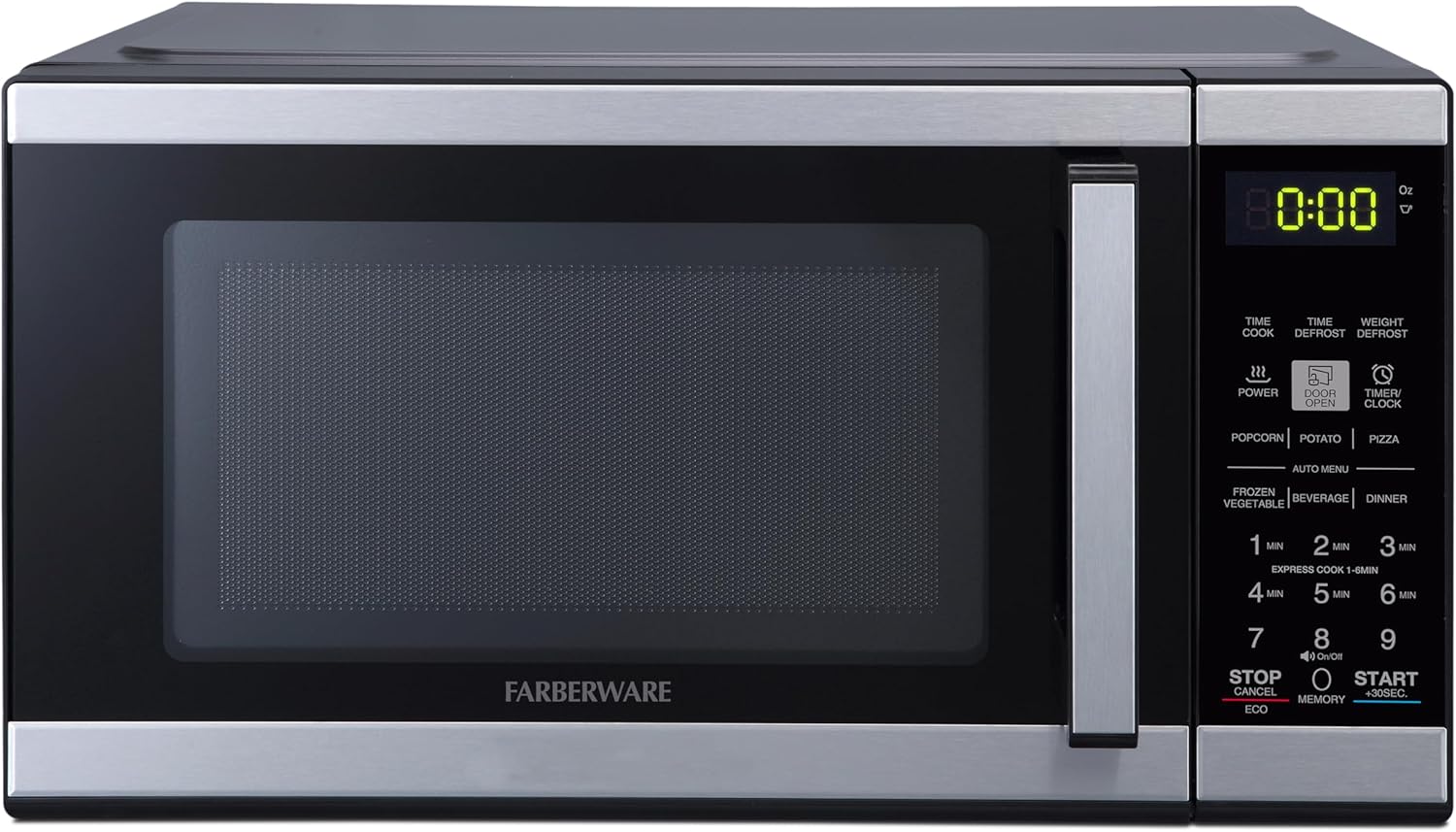 Farberware 0.9 Cu. Ft. Countertop Microwave Oven 900 Watts Power, Auto Cook Settings, Defrost, Easy Clean and Child Safety Lock, Black Stainless