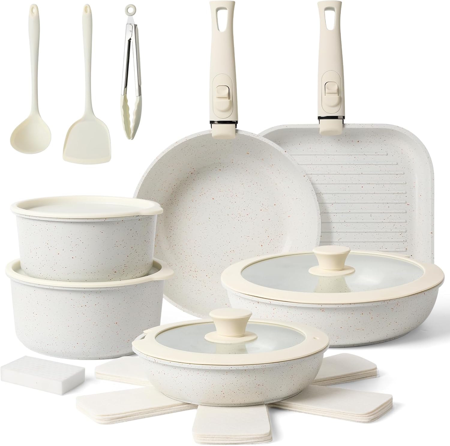 20 Pcs Pots and Pans Set Non Stick, Ceramic Cookware Set Detachable Handle, RV Kitchen Cooking Set Removable Handles, Oven Safe, Induction ReadyStackable Non-stick set Cream White