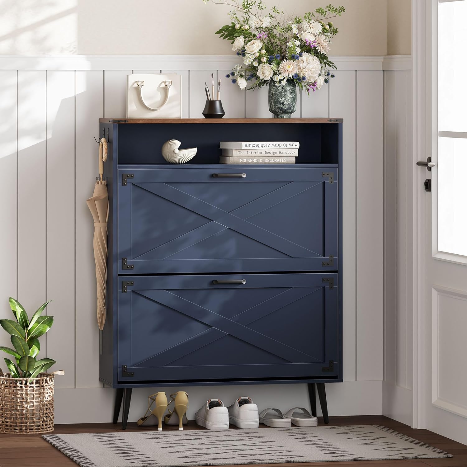 Shoe Storage Cabinet with 2 Flip Drawers Narrow Shoe Rack Cabinet Farmhouse Design Freestanding Shoe Organizer with Open Storage for Entryway,Hallway,Foyer,White Walnut