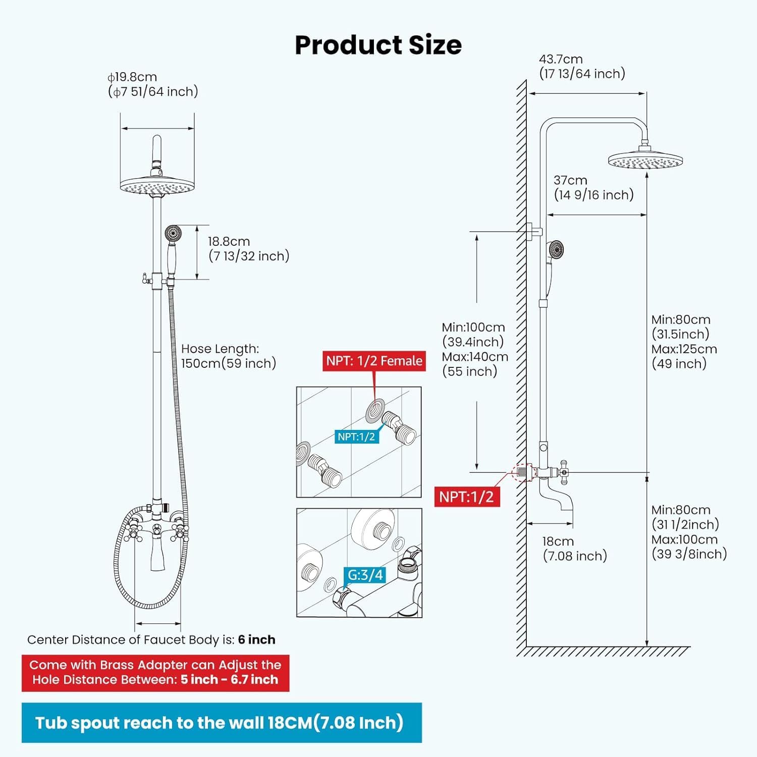 Antique Brass Shower System with 8-inch Rain Showerhead, Handheld Spray, Dual Cross Handles (Matte Black)