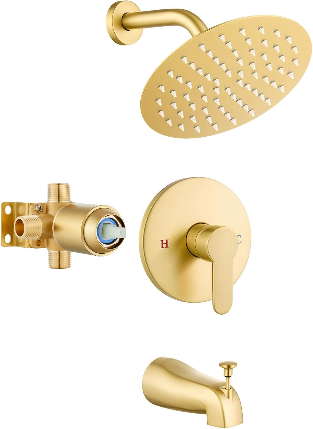 Airuida Bathroom Tub Shower Faucet Set Shower Head and Handle Set Bathtub Faucet Set Complete with Rough-in Valve Trim Kit with 8 Inch Round Shower Head, Brushed Gold