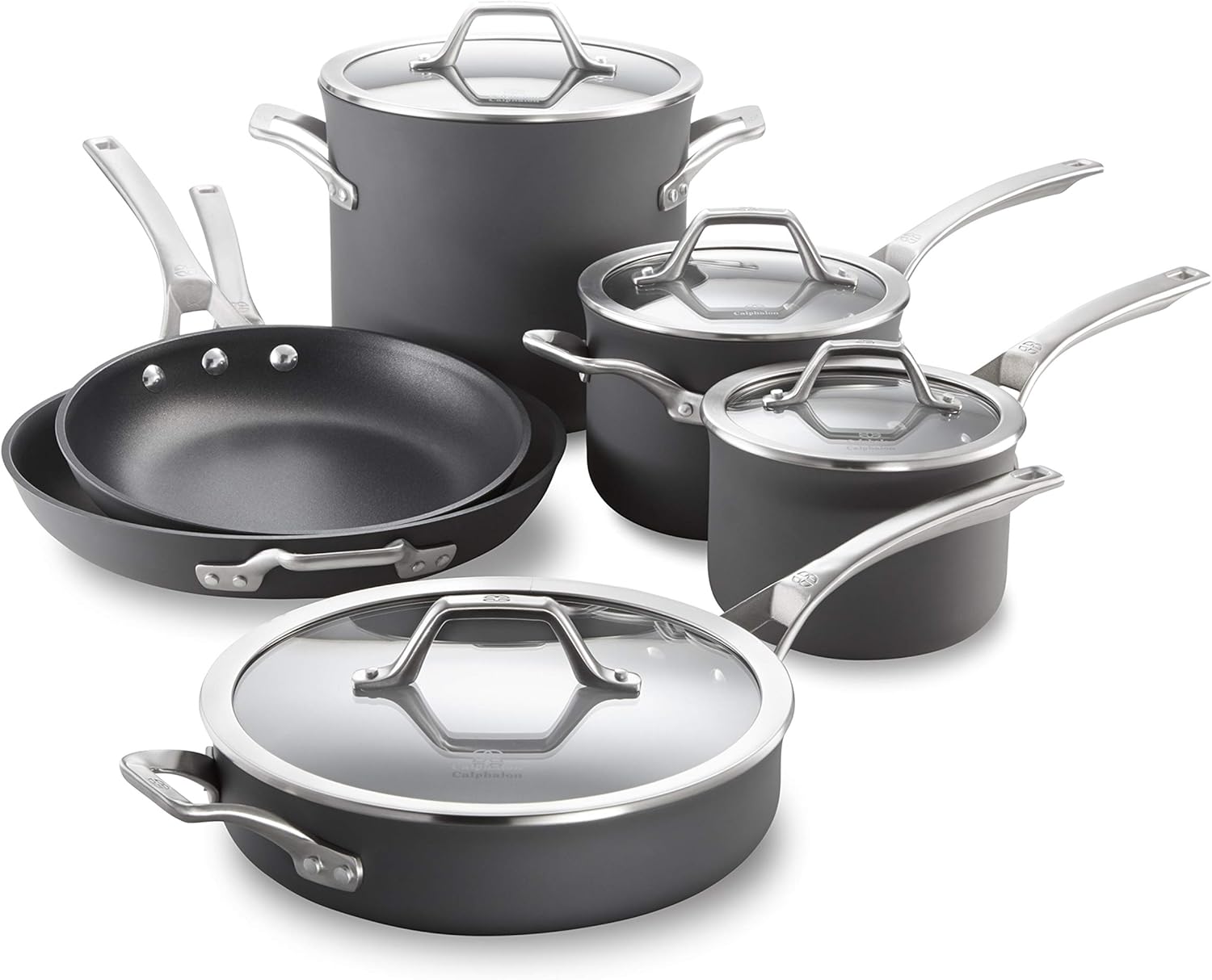 Calphalon 10-Piece Nonstick Kitchen Cookware Set Stay-Cool Stainless Steel Handles Dishwasher and Metal Utensil Safe Oven-safe up to 500 degrees F PFOA-Free Built to Last Black