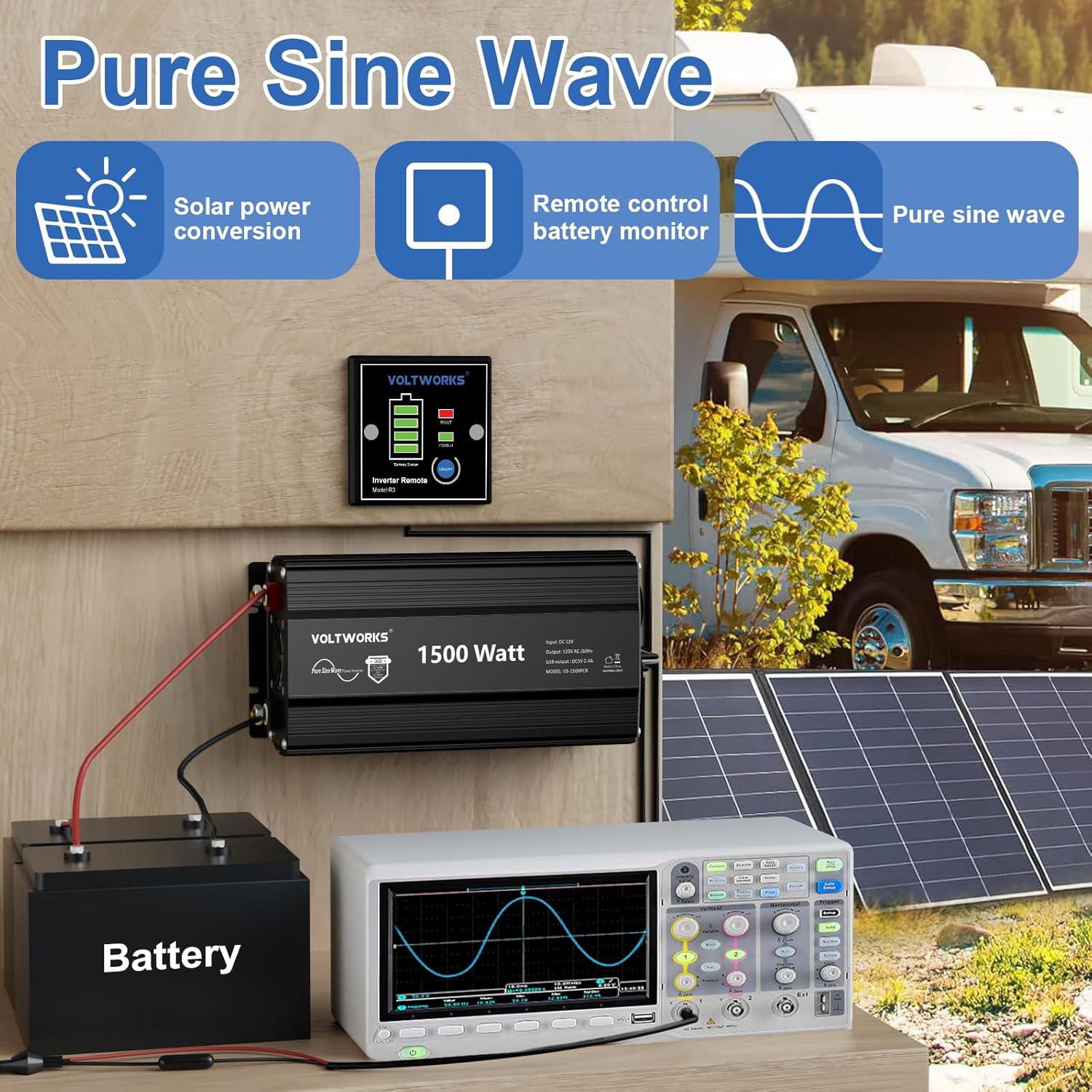 Power Inverter 1500Watt Pure Sine Wave Inverter 12V to 110V 120V AC with UL Fuses Compatible with Lithium Battery for Home RV Truck Off-Grid Solar with 15FT Battery Level Monitor Remote by VOLTWORKS