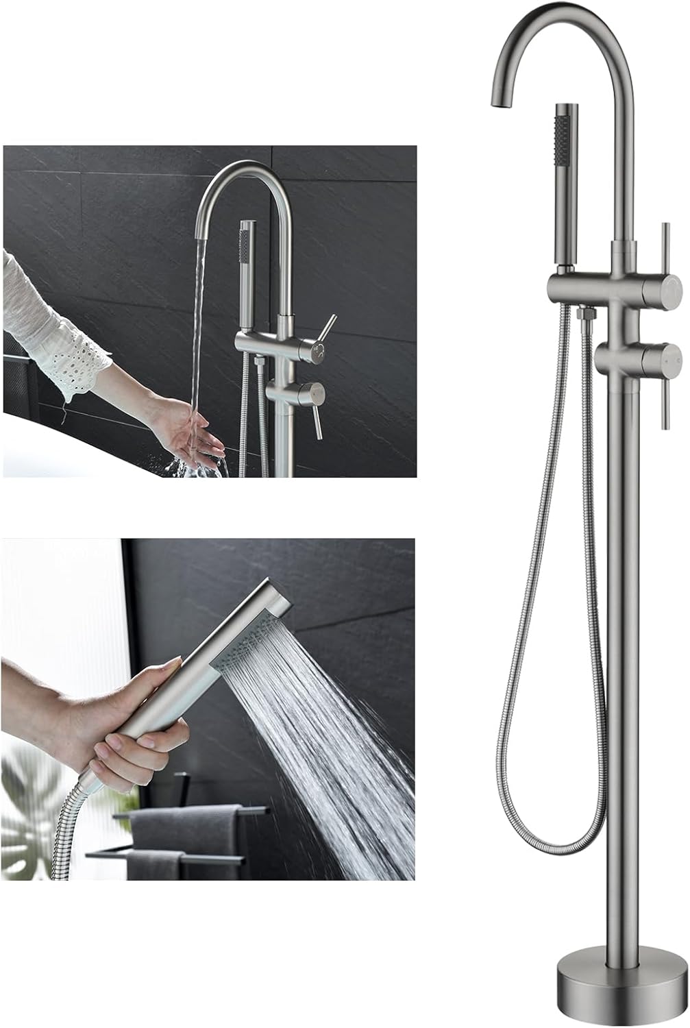Freestanding Bathtub Faucet, Matte Black Floor Mount Tub Filler, Modern Freestanding Tub Faucet with 360 Swivel Gooseneck Spout and Handheld Shower, Standing Tub Faucet for Bathroom