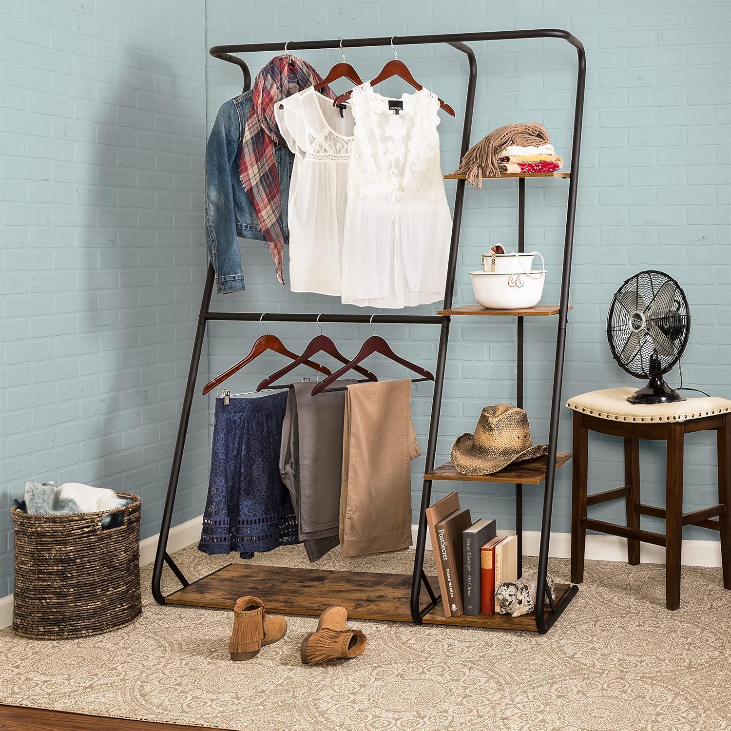 Honey-Can-Do Freestanding Double-Rod Open-Closet Clothes Storage Wardrobe, Black WRD-08156 Rustic 65 lbs
