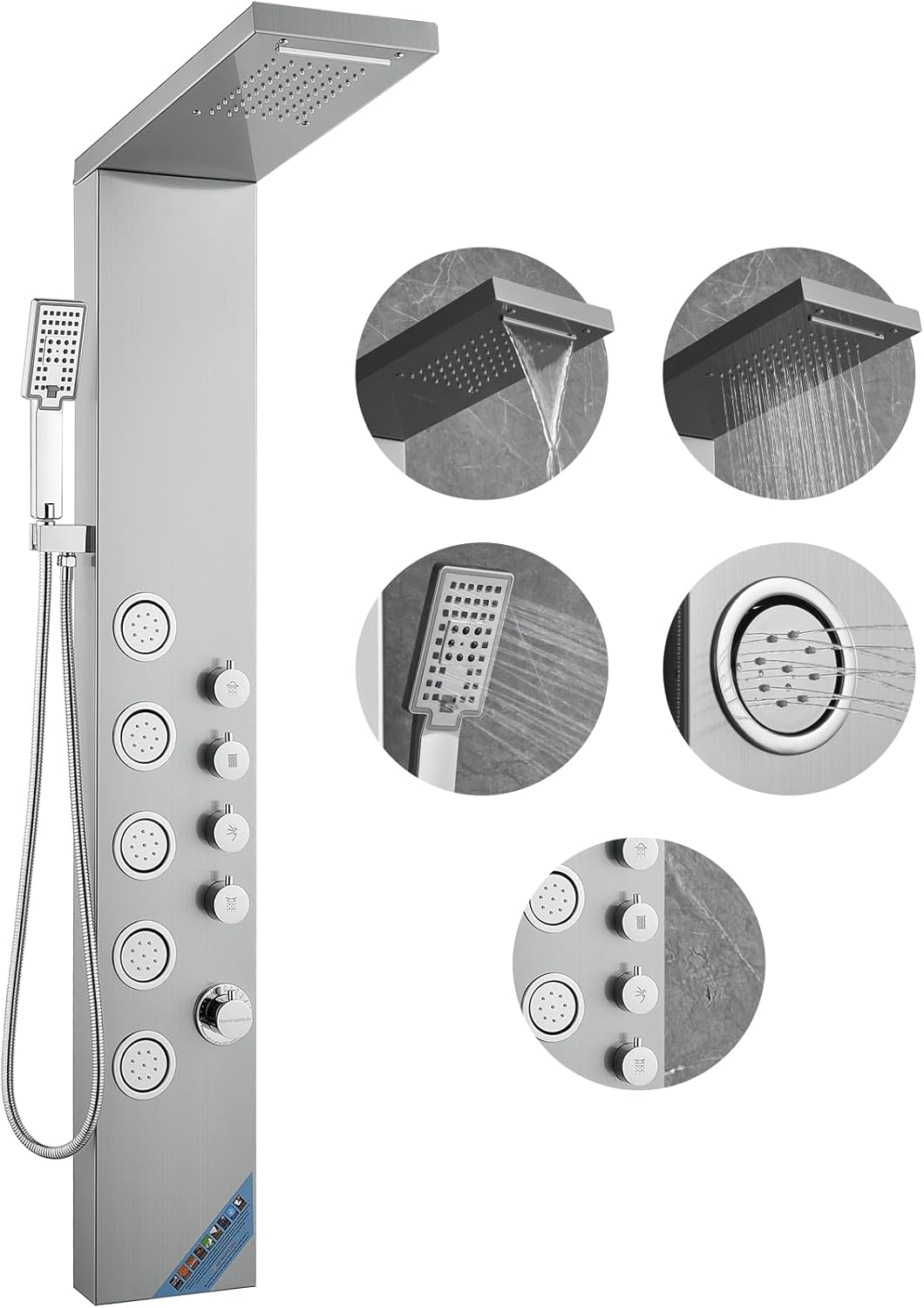 VEVOR Shower Tower, 4 Shower Modes Shower Tower System, Rainfall, Waterfall, 5 Full Body Massage Jets and 3-Setting Handheld Shower Head with 59