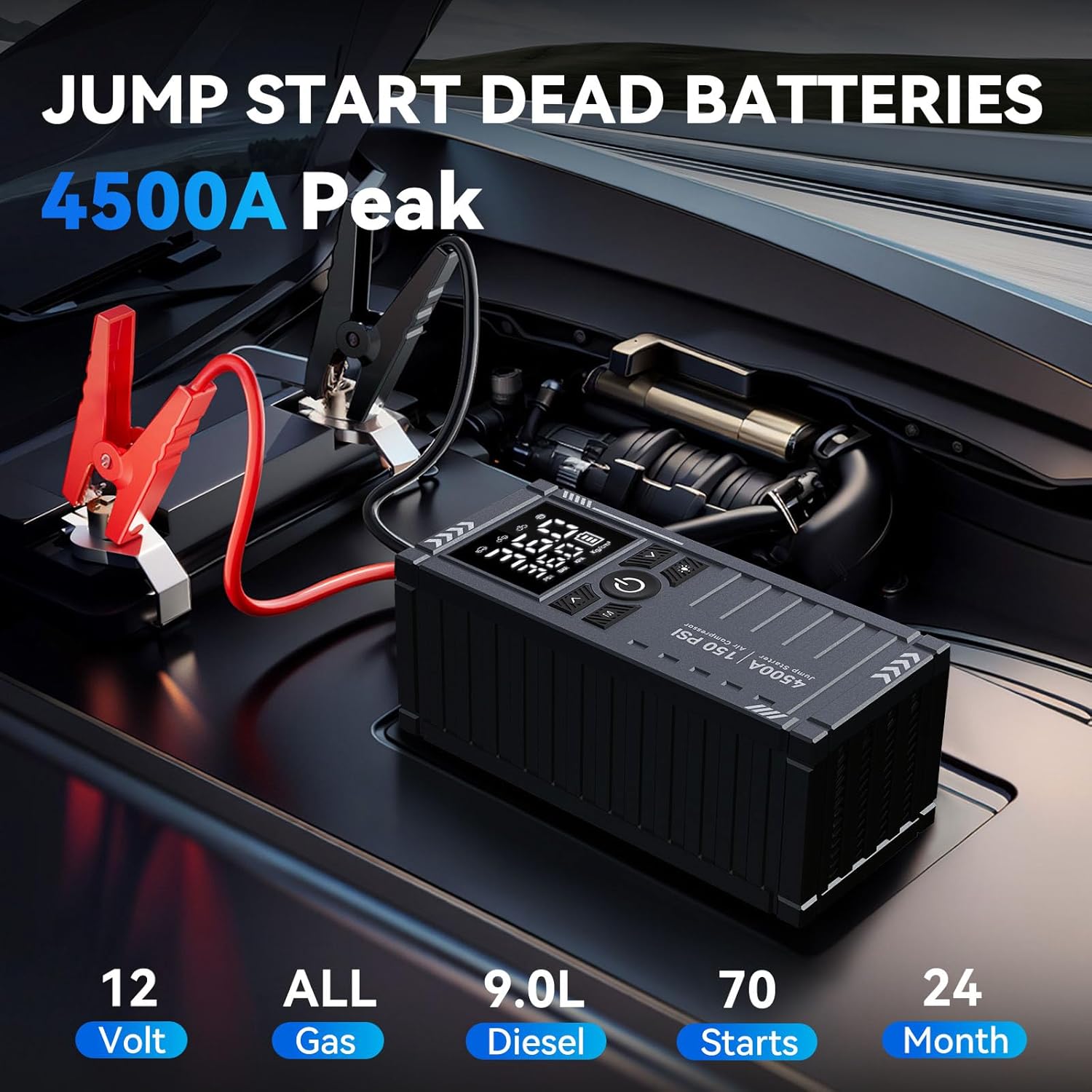 Car Battery Jump Starter with Air Compressor - 4500A 150PSI Portable Car Jump Starters (All Gas/ 12L Diesel) with Tire Inflator, 12V Car Battery Jump Box with Jumper Cables, LCD Display, LED Light