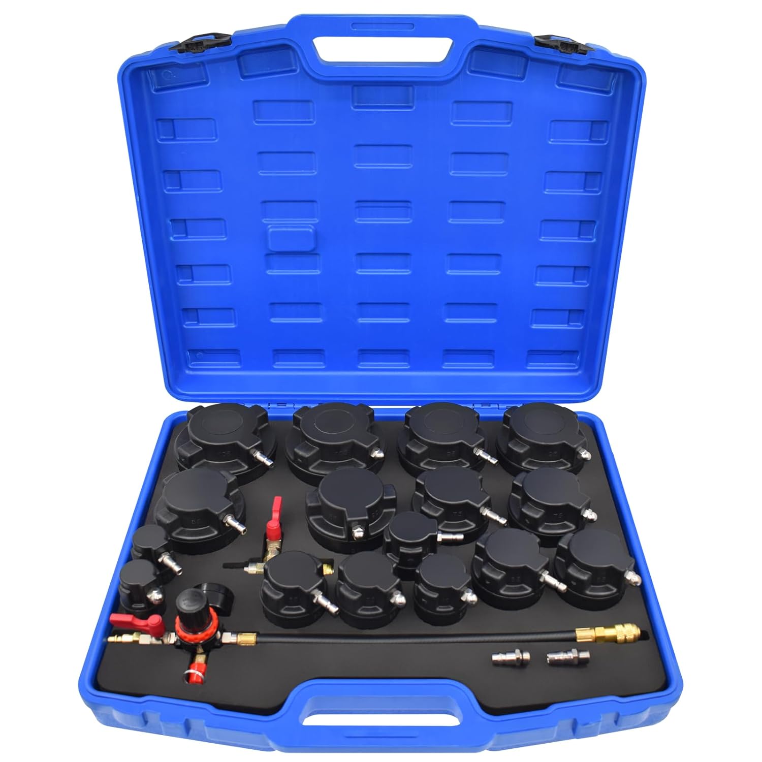 19PCS Turbo System Leakage Tester Kit, Turbo Boost Leak Tester with 8 Pairs of Stepped Adapters (1-1/4'' to 4-1/4'') Air Pressure Gauge Cooling System Radiators Intercoolers Hose Leaks Test