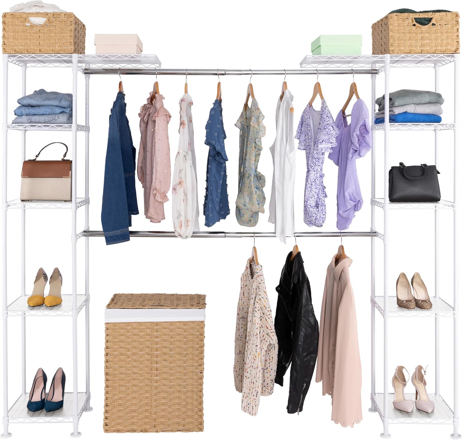 Seville Classics Closet Garment Organizer with Metal Hanging Rod Wardrobe Storage System, w/ Steel Shelves for Clothes, Shirts, Jackets, Coats, Blankets, Shoes, White, Expandable Rack