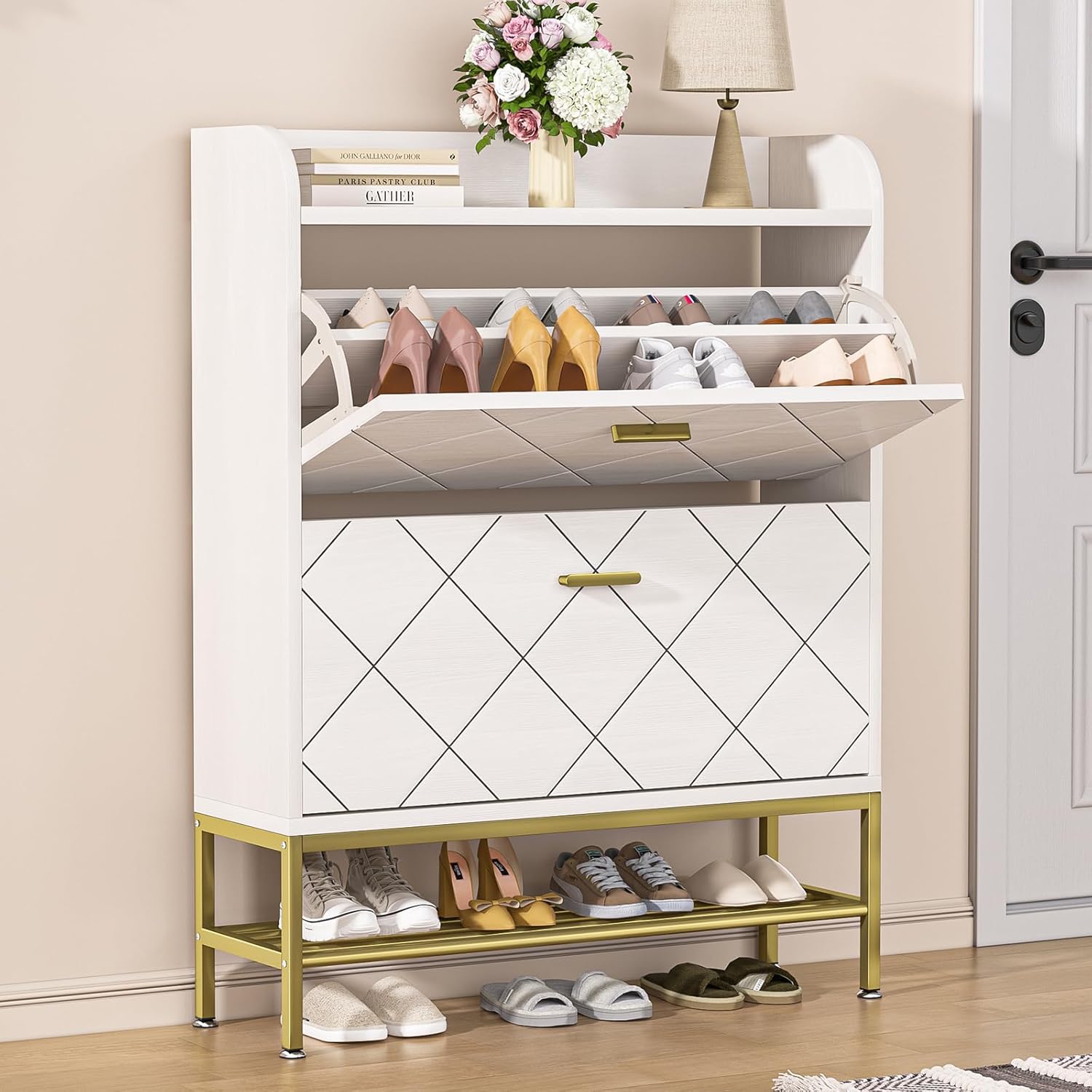 VTRIN Shoe Cabinet for Entryway Shoe Storage Cabinet with 2 Flip Drawers, Sturdy Wooden Boot Organizer Narrow Sneaker Rack for Front Door Entrance, Hallway, Small Space, White